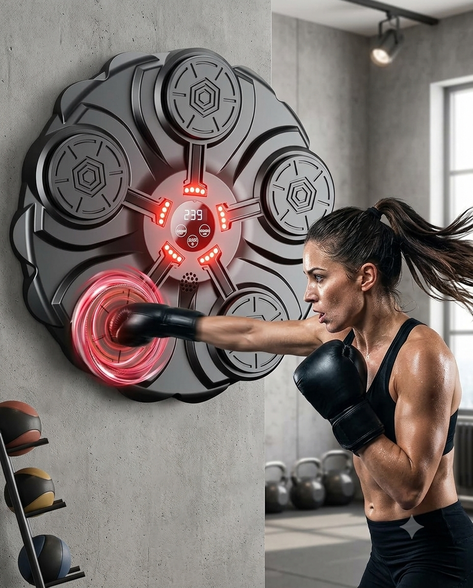 Mujer entrenando con máquina de boxeo musical